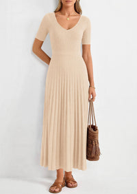 PRETTYGARDEN Women's Spring Midi Sweater Dresses Elegant Pleated Ribbed Knit Short Sleeve V Neck A Line Summer Outfits PRETTYGARDEN