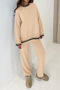 2 Piece Knitted Casual Long Sleeve Pullover Wide Leg Pant Set