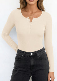 PRETTYGARDEN Long Sleeve Bodysuits for Women Ribbed Knit Henley Button Up Slim Fitted Basic Tops Winter Fashion Clothing PRETTYGARDEN