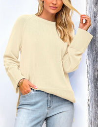 Women's Fall Knit Sweaters Long Sleeve Pullover Crewneck Split Hem Loose Oversized Tunic Sweater Top