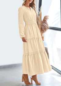 PRETTYGARDEN Women's Elegant Maxi Dresses Long Sleeve V Neck Flowy Pockets Casual Modest Dress Fall Fashion Clothes