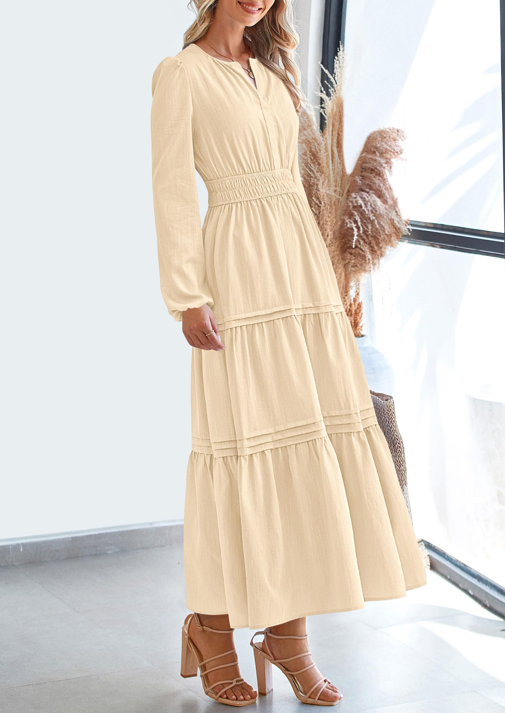 PRETTYGARDEN Women's Elegant Maxi Dresses Long Sleeve V Neck Flowy Pockets Casual Modest Dress Fall Fashion Clothes