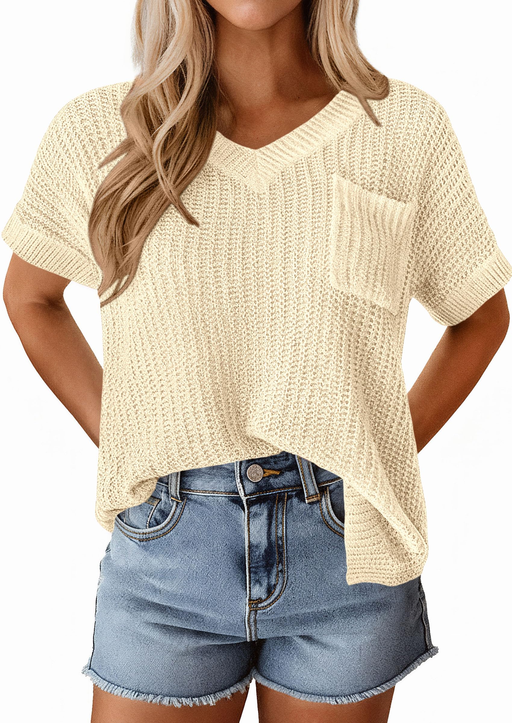 PRETTYGARDEN Women's Spring Short Sleeve Sweaters Lightweight V Neck Casual Going Out Summer T PRETTYGARDEN