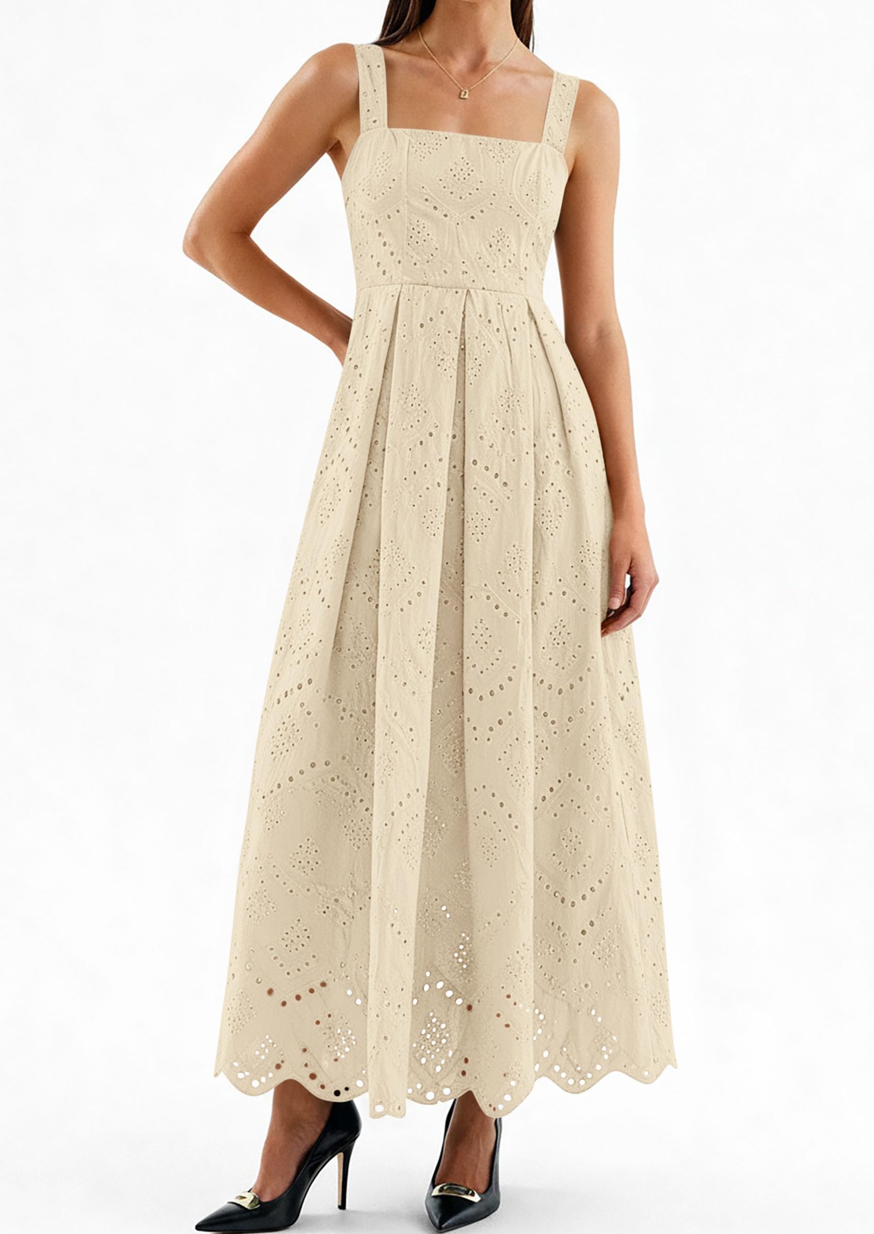 PRETTYGARDEN Womens Sleeveless Maxi Summer Dresses Hollow Out Eyelet Square Neck Ruffle Flowy Beach Vacation Sundress PRETTYGARDEN