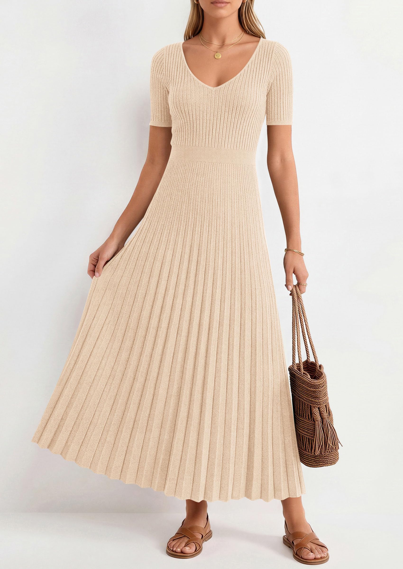 PRETTYGARDEN Women's Spring Midi Sweater Dresses Elegant Pleated Ribbed Knit Short Sleeve V Neck A Line Summer Outfits PRETTYGARDEN