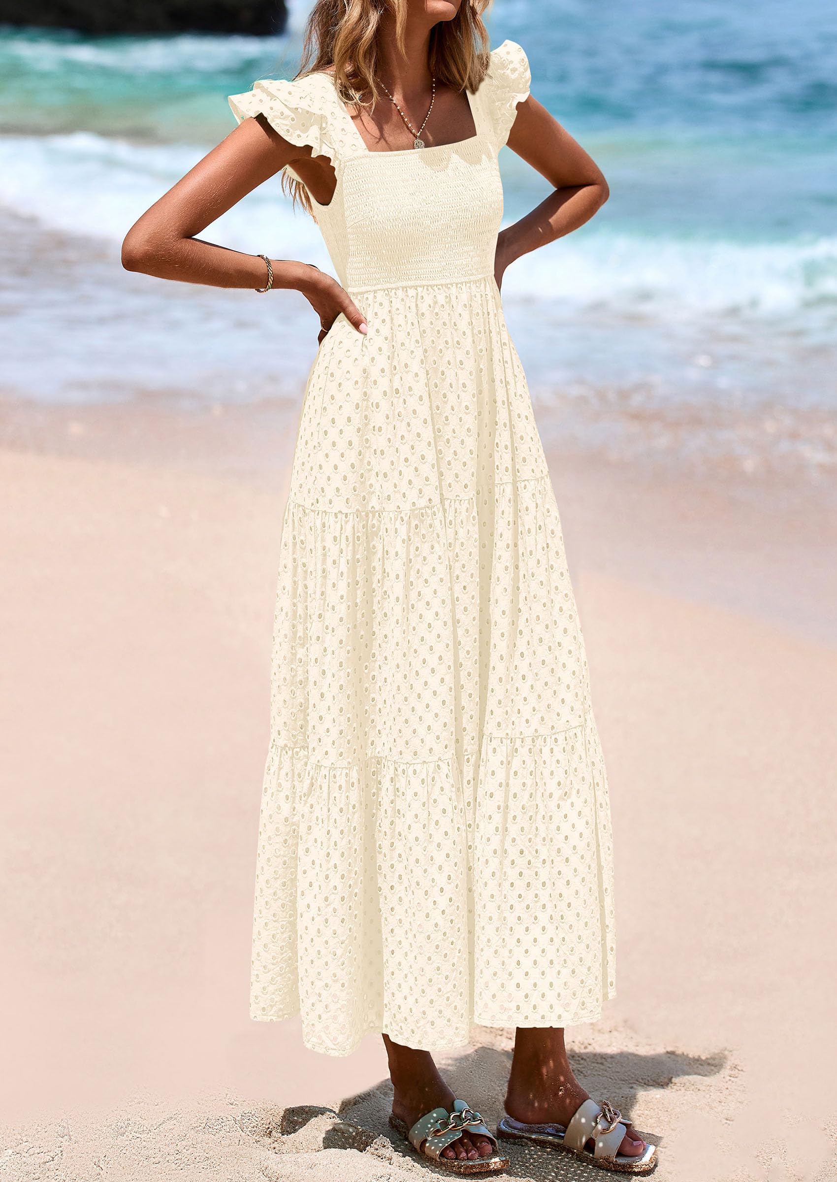 PRETTYGARDEN Womens Square Neck Maxi Dresses Cap Sleeve Eyelet Smocked Tiered A Line Flowy Long Dress with Pockets