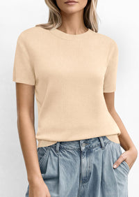 PRETTYGARDEN Women's Short Sleeve Sweaters Spring Crew Neck Knit Work Shirts Business Casual Tops Summer Fashion Clothes PRETTYGARDEN