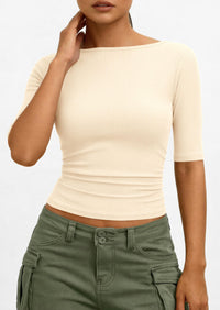 PRETTYGARDEN Womens Summer Short Sleeve Tops Boat Neck Ribbed Knit Slim Fit T Shirt Casual Basic Top Spring Clothes PRETTYGARDEN