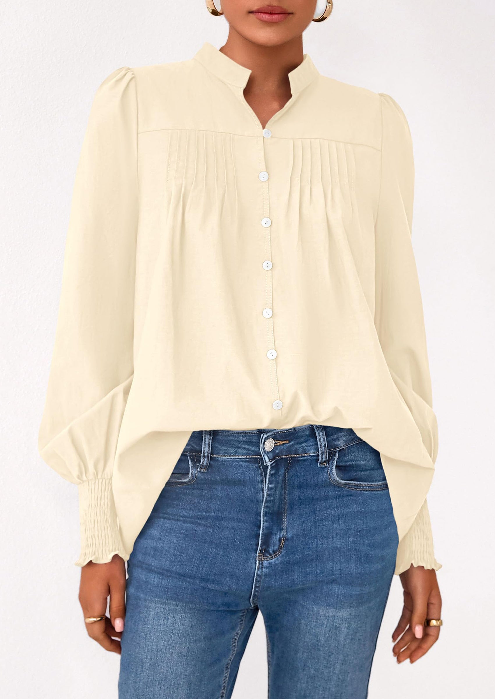 PRETTYGARDEN Womens Fall Lantern Long Sleeve Shirts Trendy Button V Neck Pleated Henley Tops Loose Work Blouses