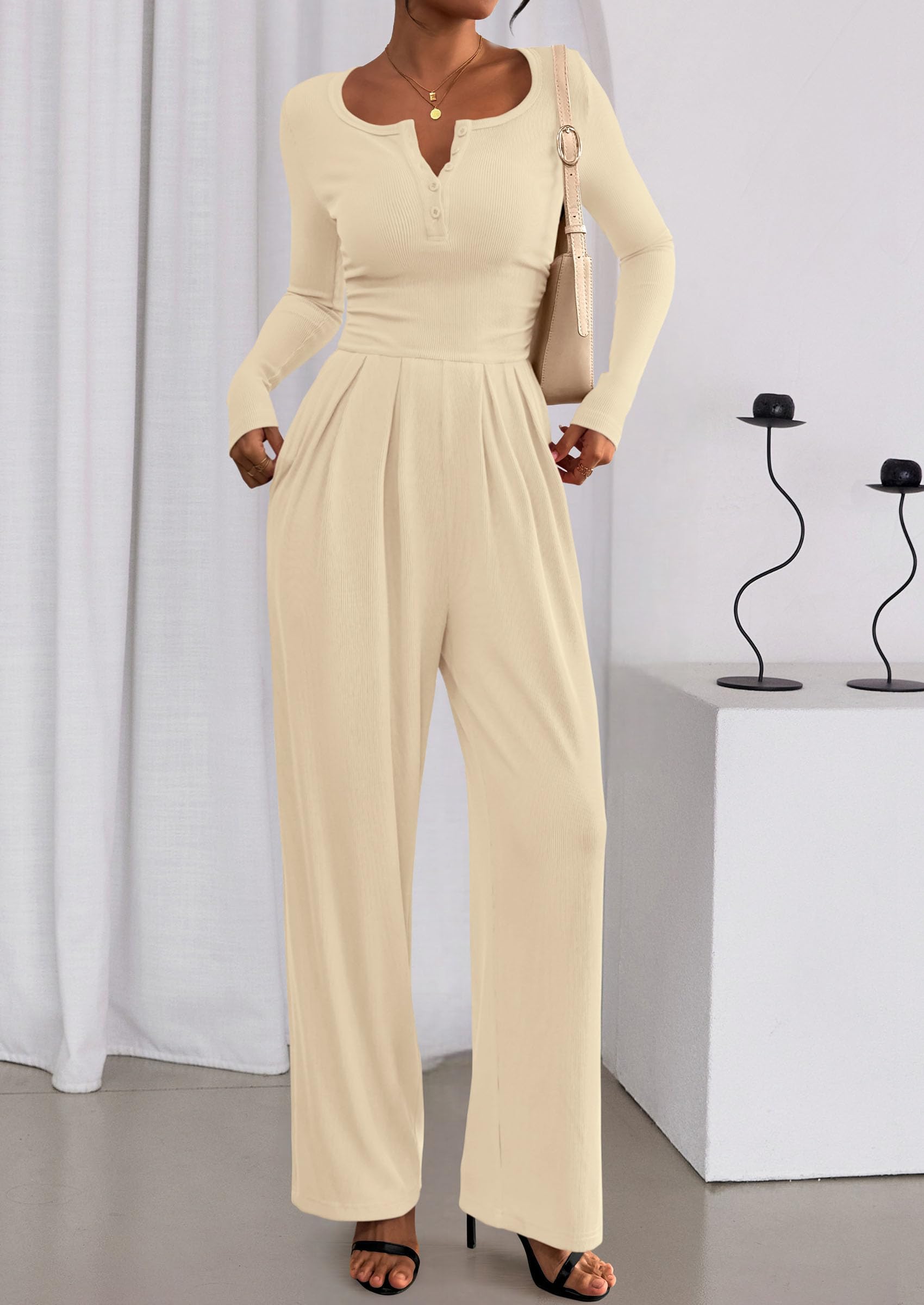 PRETTYGARDEN Jumpsuits for Women Dressy Casual Fall One Piece Outfits Long Sleeve Crew Neck Wide Leg Pants Rompers
