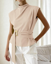 PRETTYGARDEN Women Blouses Spring Dressy Cap Sleeve Mock Neck Work Shirts Buckle Tunic Summer Business Casual Tops PRETTYGARDEN