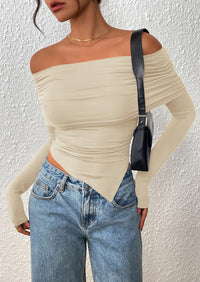 PRETTYGARDEN Women's Long Sleeve Shirts Off Shoulder Tops Going Out Slim Fitted Y2K Blouses Fall Fashion Clothes