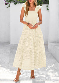 Womens Summer Square Neck Maxi Dresses Cap Sleeve Eyelet Smocked Tiered A Line Flowy Long Dress with Pockets