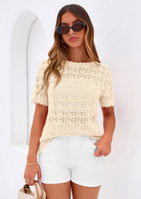 PRETTYGARDEN Women's Short Sleeve Sweater Trendy Crochet Summer Tops Casual Hollow Out Shirts Beach Vacation Clothes PRETTYGARDEN