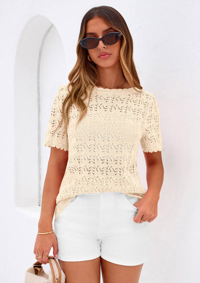 PRETTYGARDEN Women's Short Sleeve Sweater Trendy Crochet Summer Tops Casual Hollow Out Shirts Beach Vacation Clothes PRETTYGARDEN