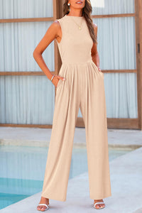 Summer One Piece Sleeveless Mock Neck Wide Leg Pants Rompers With Pockets