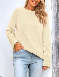 Women's Fall Knit Sweaters Long Sleeve Pullover Crewneck Split Hem Loose Oversized Tunic Sweater Top