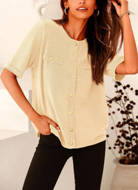 Button Down Casual Short Sleeve Crew Neck Ribbed Knit Shirts