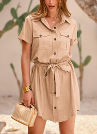 Casual Summer Short Sleeve Button Down V Neck Collared Belted Pocket Dresses