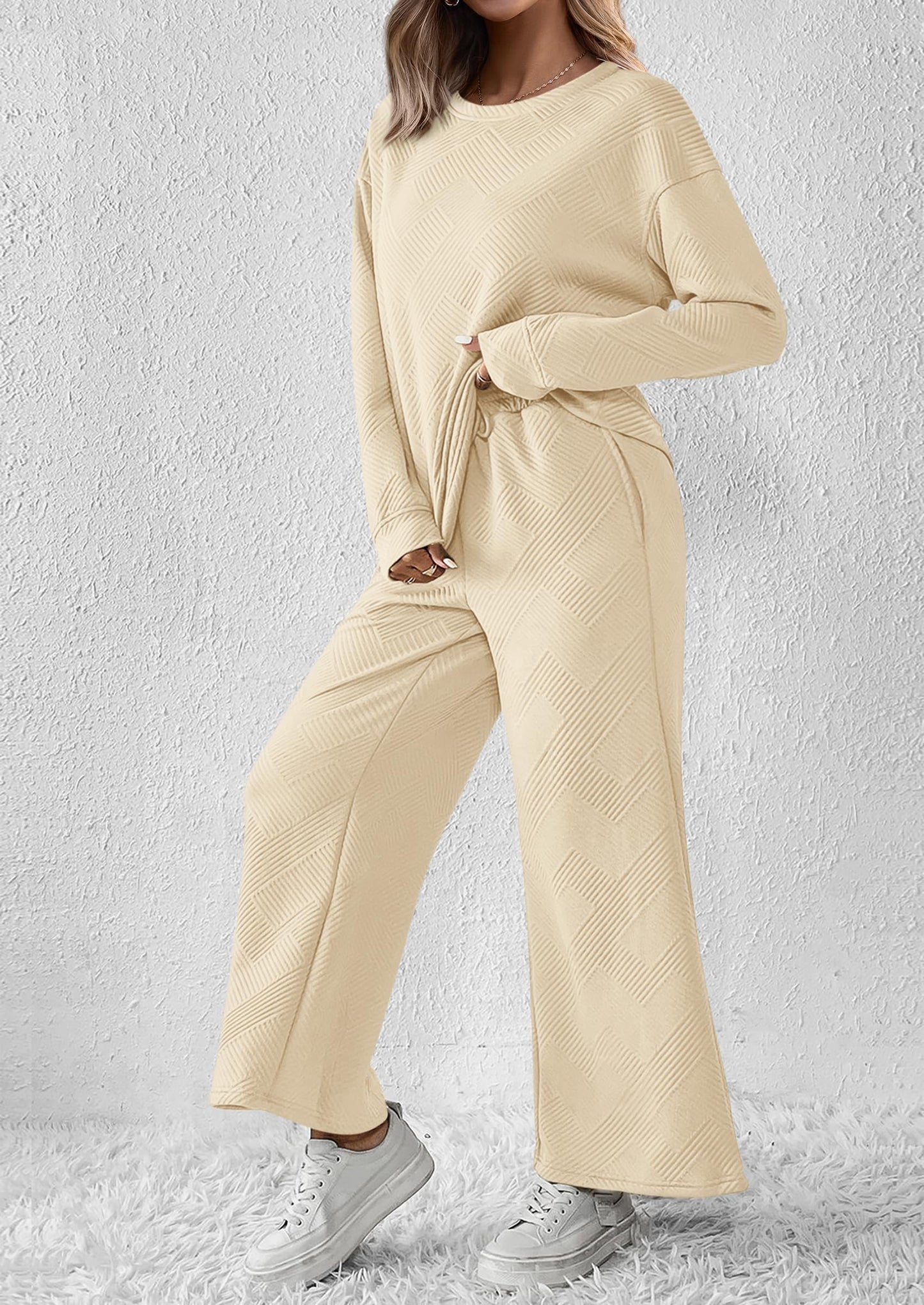 2 Piece Outfits Fall Casual Long Sleeve Pullover Tops and Wide Leg Pants Knitted Lounge Sets