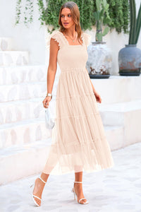 Summer Casual Sleeveless Smocked Ruffle Tulle Flowy Beach Sundress