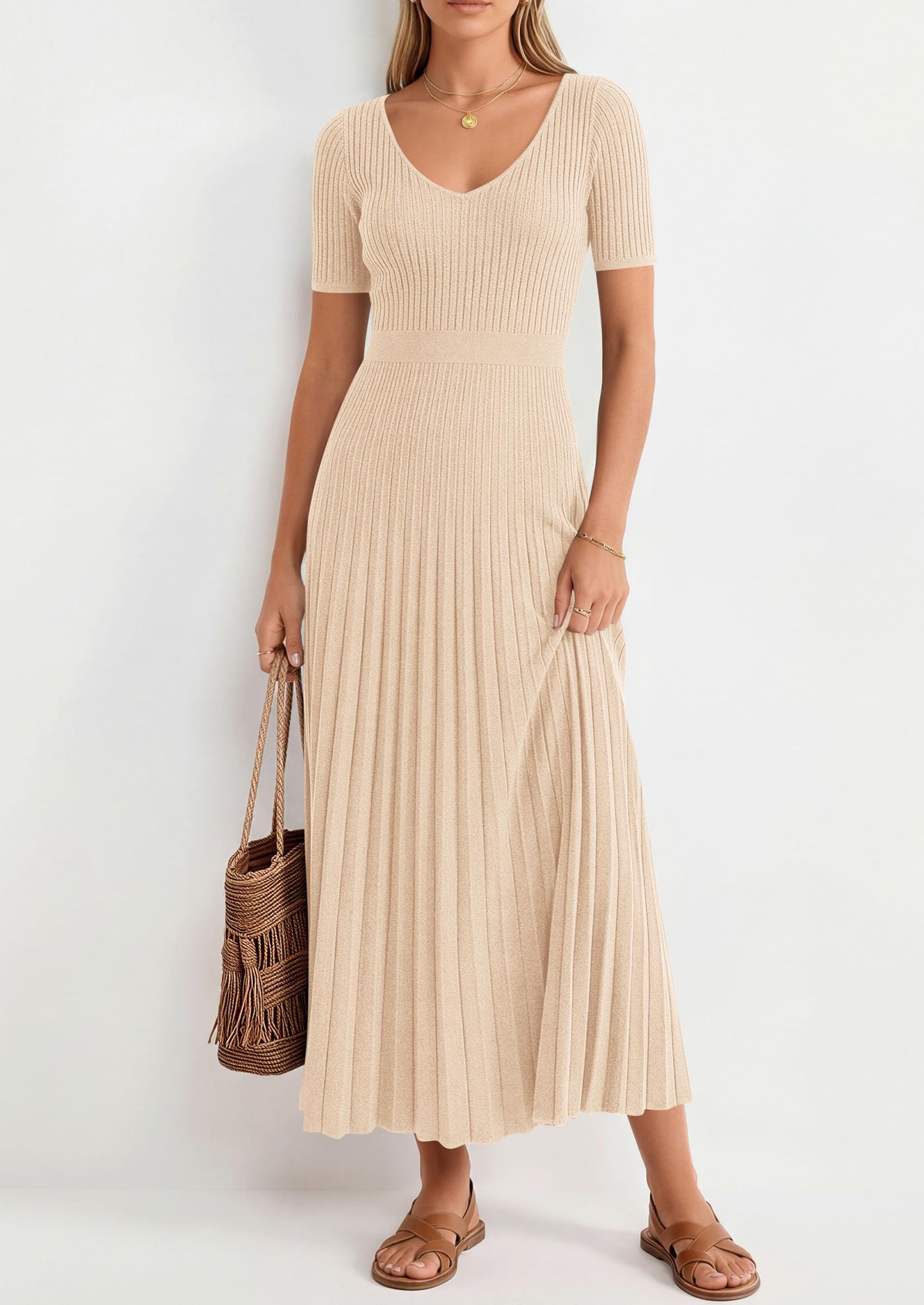 PRETTYGARDEN Women's Spring Midi Sweater Dresses Elegant Pleated Ribbed Knit Short Sleeve V Neck A Line Summer Outfits PRETTYGARDEN