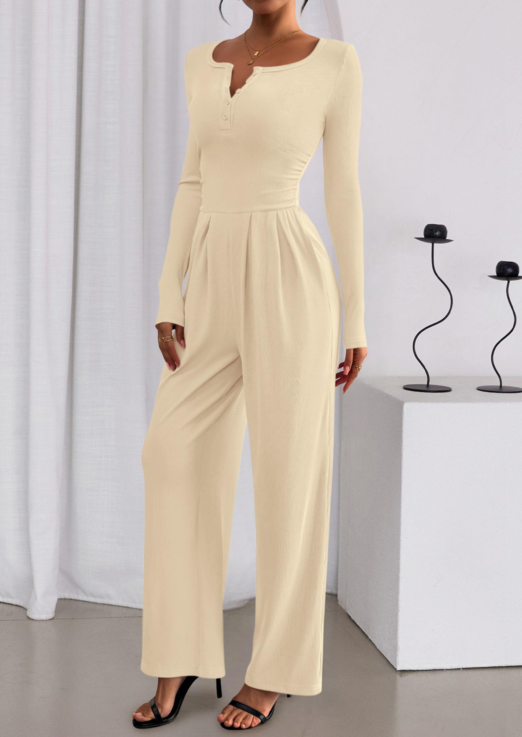 PRETTYGARDEN Jumpsuits for Women Dressy Casual Fall One Piece Outfits Long Sleeve Crew Neck Wide Leg Pants Rompers