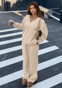 PRETTYGARDEN Casual Winter Two Piece Sets for Women V Neck Sweatshirt Loose Wide Leg Pants Tracksuit Knit Fall Outfits PRETTYGARDEN