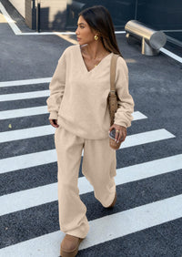 PRETTYGARDEN Casual Winter Two Piece Sets for Women V Neck Sweatshirt Loose Wide Leg Pants Tracksuit Knit Fall Outfits PRETTYGARDEN