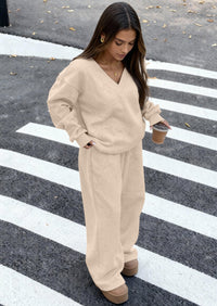 PRETTYGARDEN Casual Winter Two Piece Sets for Women V Neck Sweatshirt Loose Wide Leg Pants Tracksuit Knit Fall Outfits PRETTYGARDEN