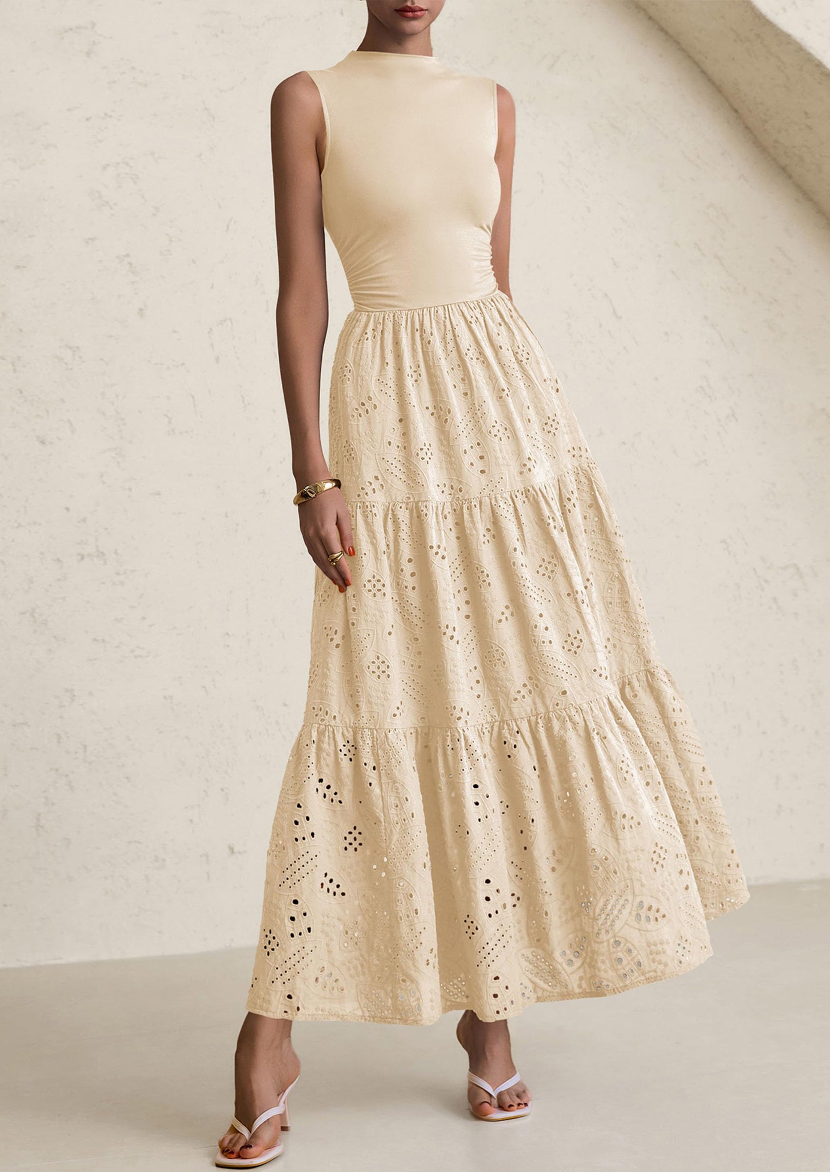 PRETTYGARDEN Dresses for Women Casual Eyelet Sleeveless Wedding Guest Maxi Dress Tank Top Sundress with Pockets