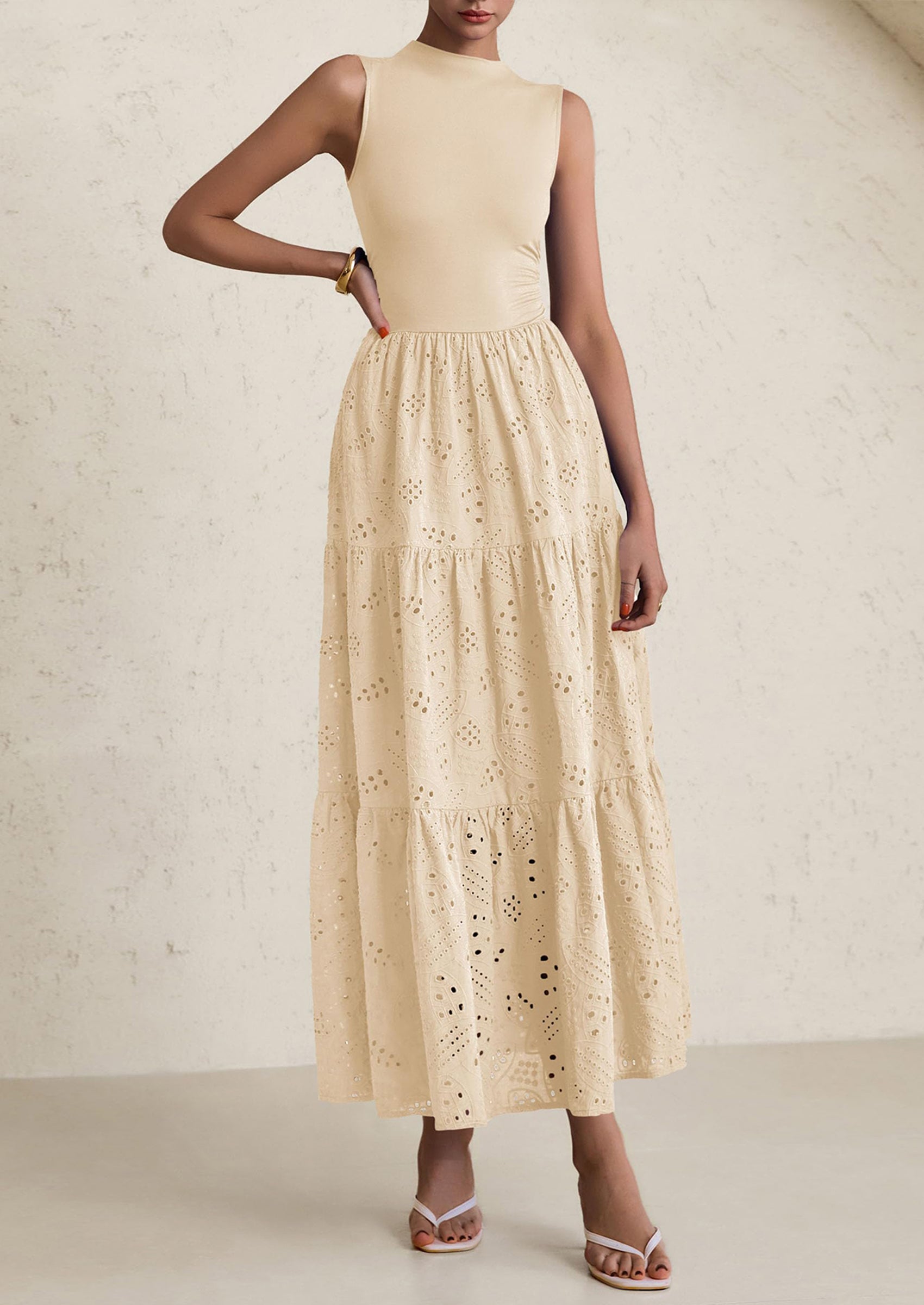 PRETTYGARDEN Dresses for Women Casual Eyelet Sleeveless Wedding Guest Maxi Dress Tank Top Sundress with Pockets