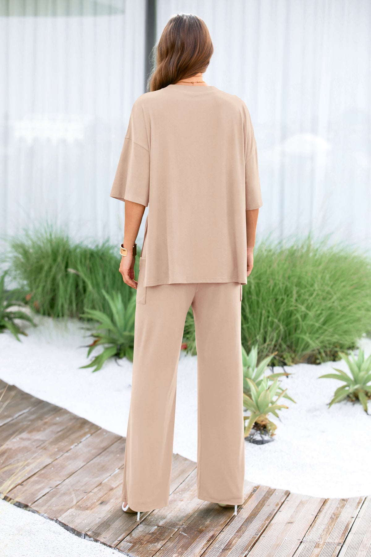 Short Sleeve Pullover Tops And Wide Leg Pants Lounge Set