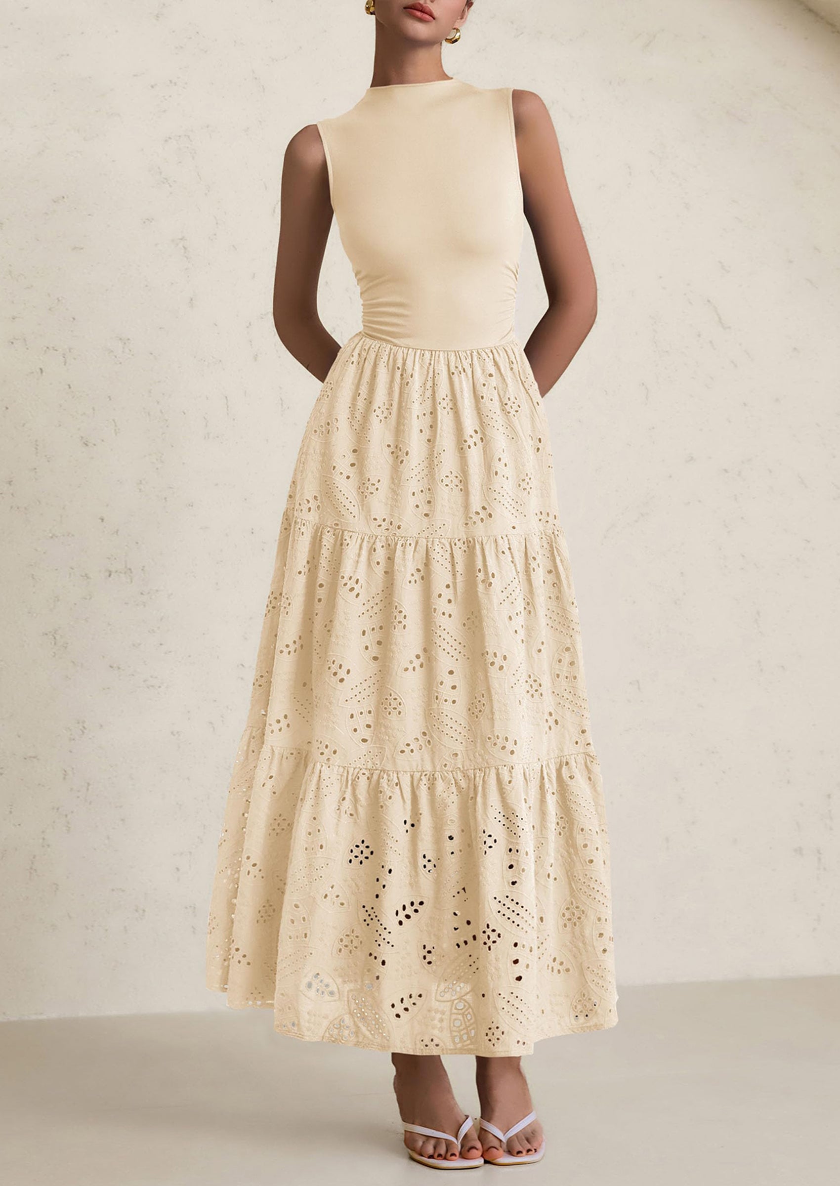 PRETTYGARDEN Dresses for Women Casual Eyelet Sleeveless Wedding Guest Maxi Dress Tank Top Sundress with Pockets