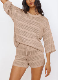 2 Piece Coverup Hollow Out Knit Half Sleeve Tops Shorts Swimsuit