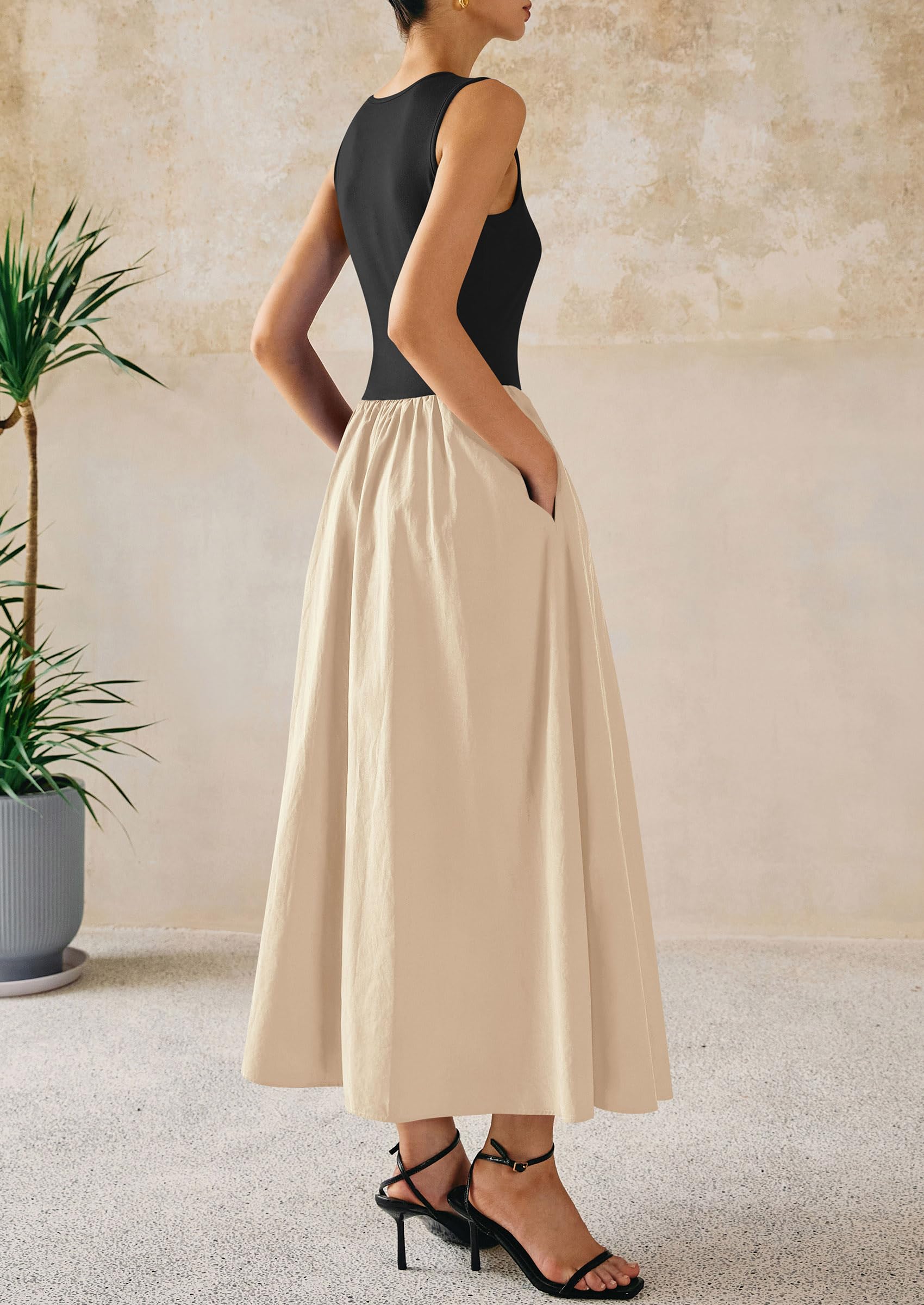 PRETTYGARDEN Women Maxi Dresses Casual Sleeveless Patchwork Knit Tank Dress Flowy Beach Sundress Long Dress