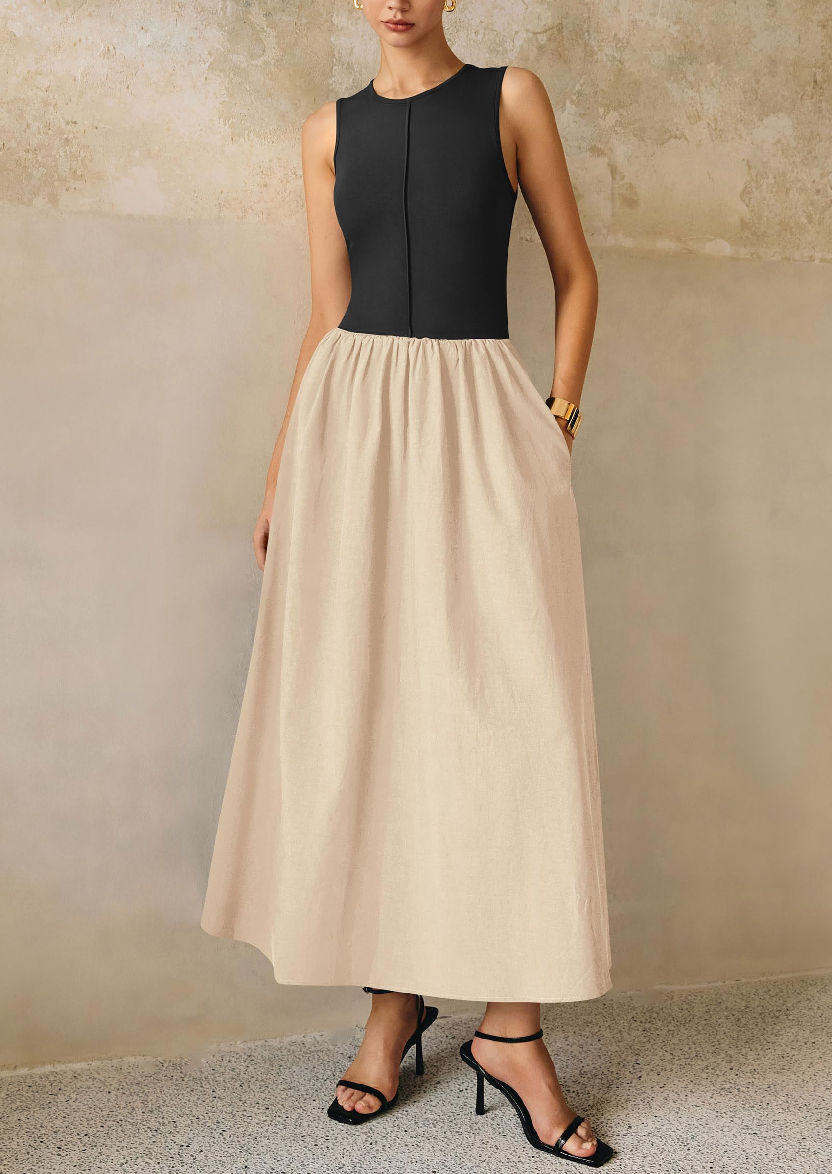 PRETTYGARDEN Women Maxi Dresses Casual Sleeveless Patchwork Knit Tank Dress Flowy Beach Sundress Long Dress