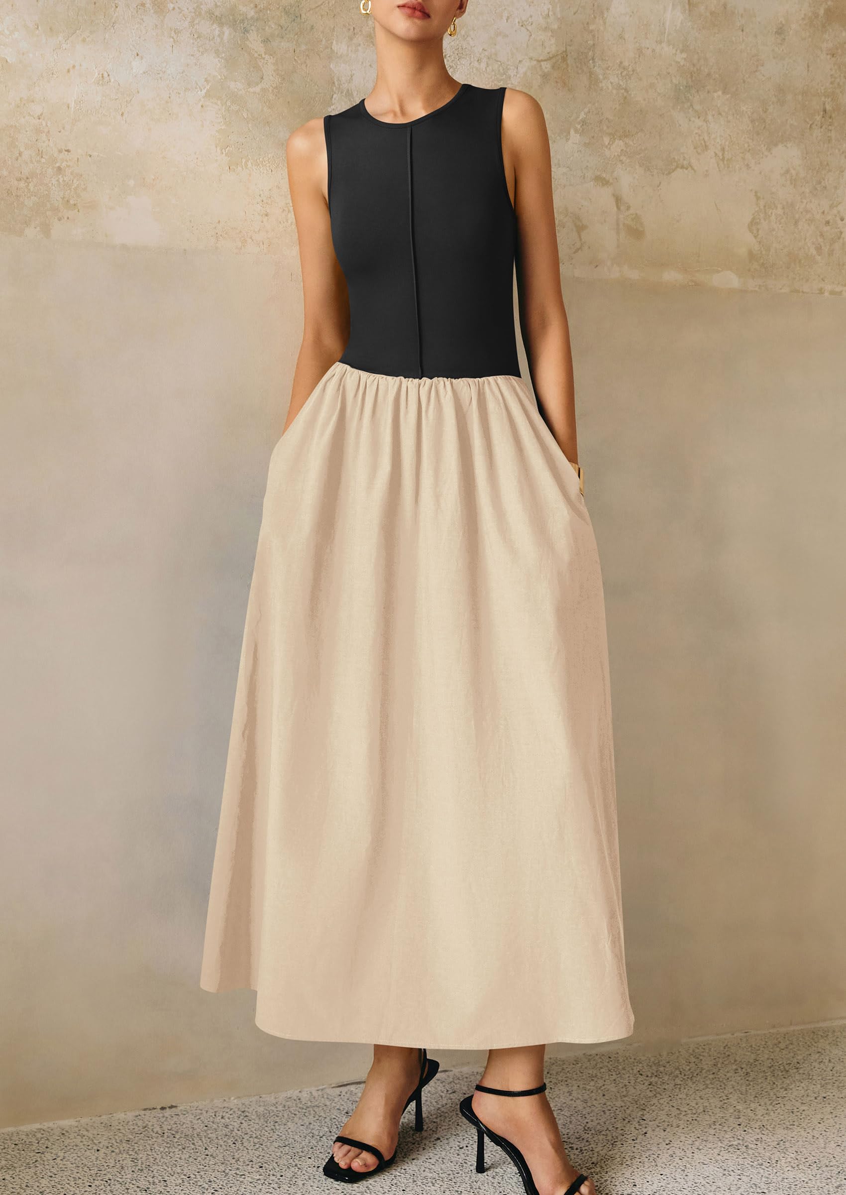 PRETTYGARDEN Women Maxi Dresses Casual Sleeveless Patchwork Knit Tank Dress Flowy Beach Sundress Long Dress