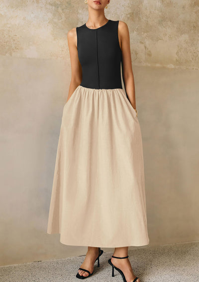 PRETTYGARDEN Women Maxi Dresses Casual Sleeveless Patchwork Knit Tank Dress Flowy Beach Sundress Long Dress