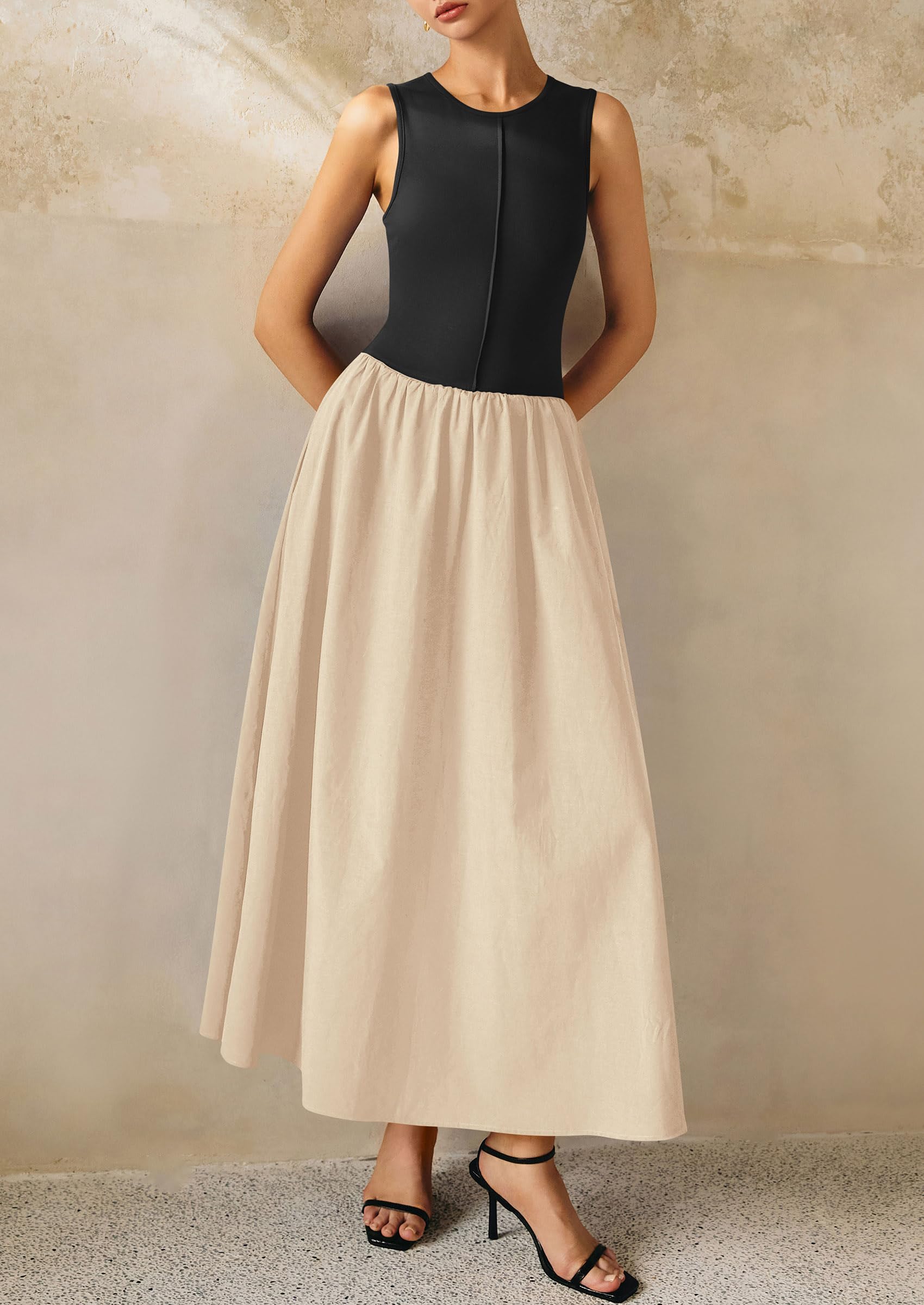 PRETTYGARDEN Women Maxi Dresses Casual Sleeveless Patchwork Knit Tank Dress Flowy Beach Sundress Long Dress