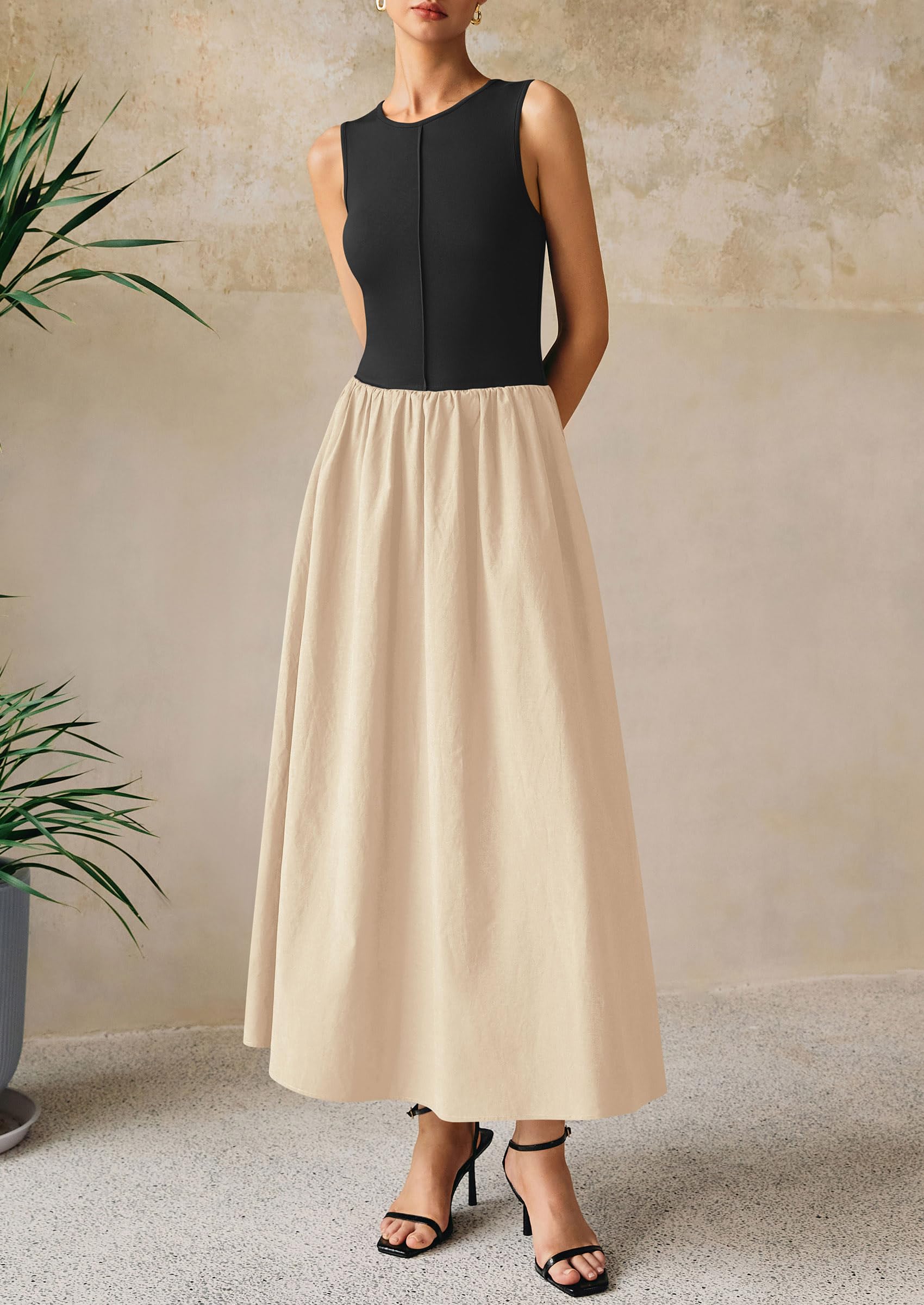 PRETTYGARDEN Women Maxi Dresses Casual Sleeveless Patchwork Knit Tank Dress Flowy Beach Sundress Long Dress