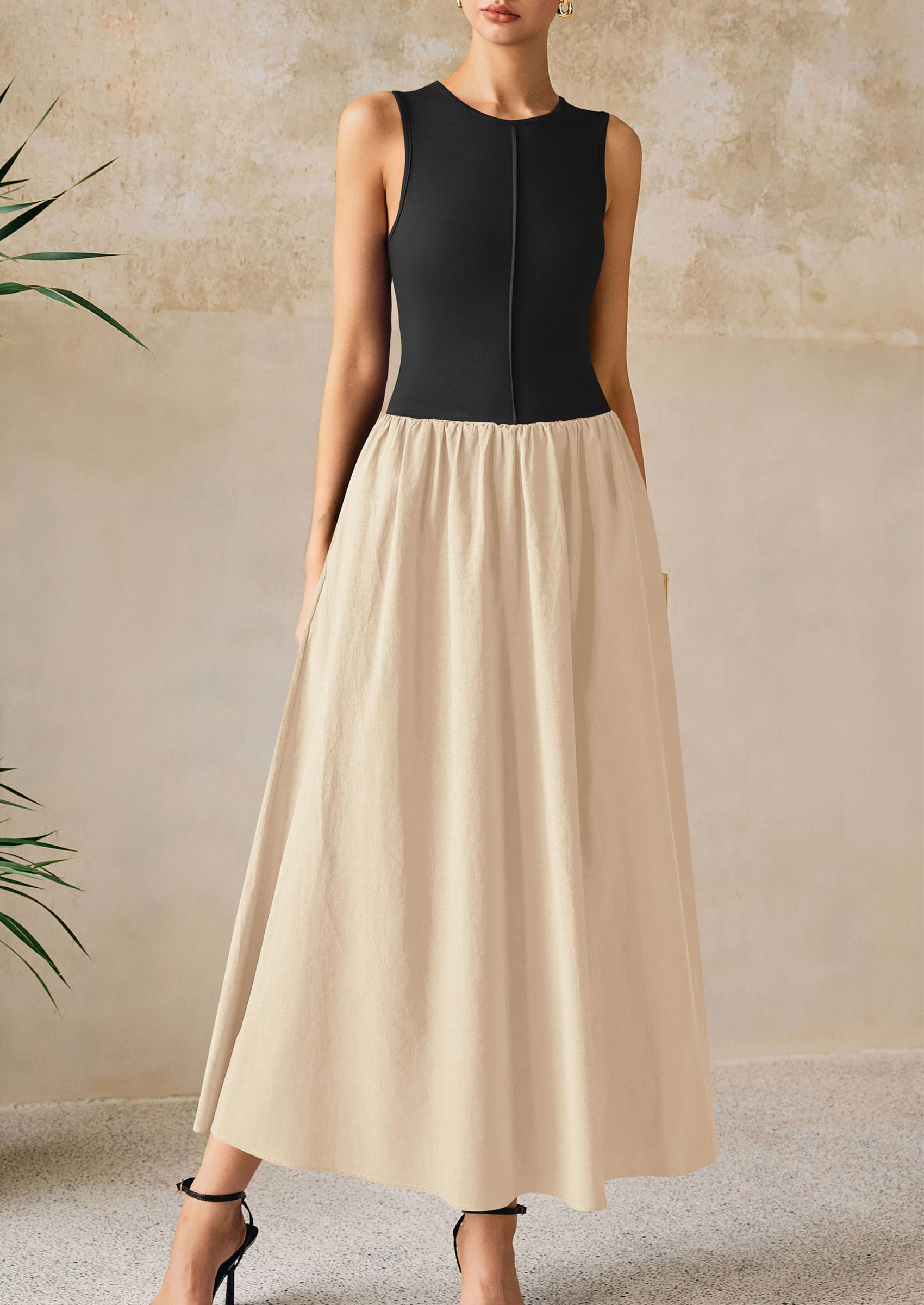 PRETTYGARDEN Women Maxi Dresses Casual Sleeveless Patchwork Knit Tank Dress Flowy Beach Sundress Long Dress