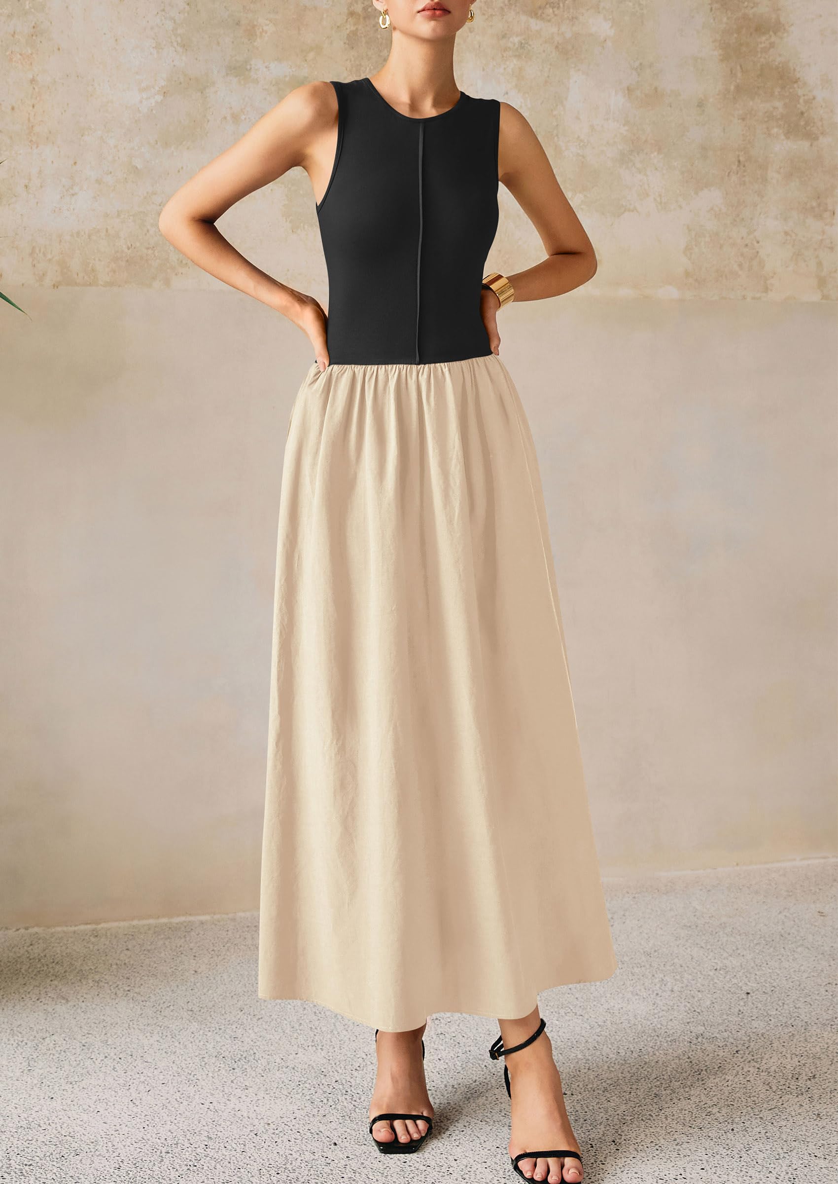 PRETTYGARDEN Women Maxi Dresses Casual Sleeveless Patchwork Knit Tank Dress Flowy Beach Sundress Long Dress