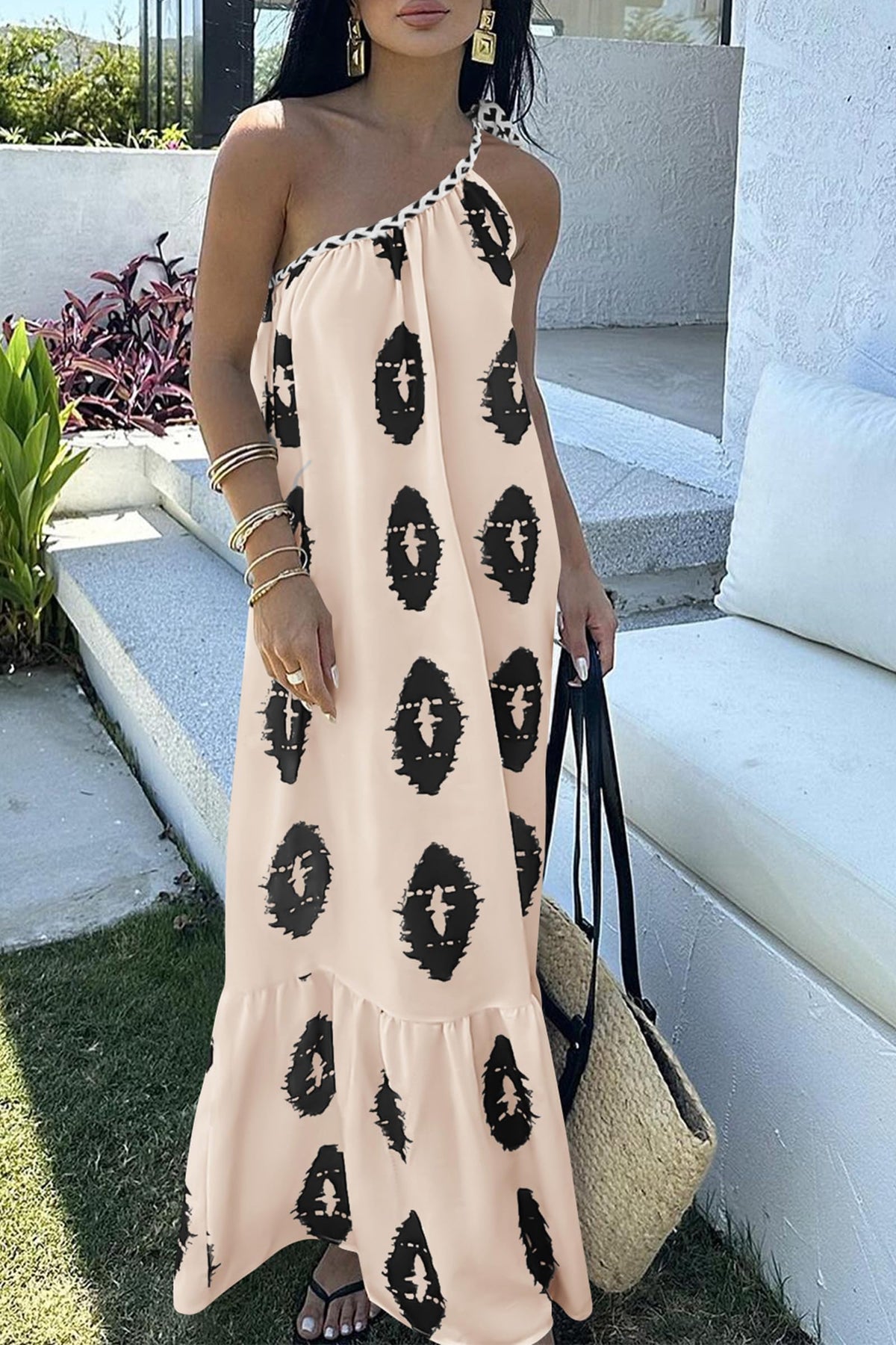 One Shoulder Spaghetti Strap Printed A Line Flowy Boho Maxi Long Sundress