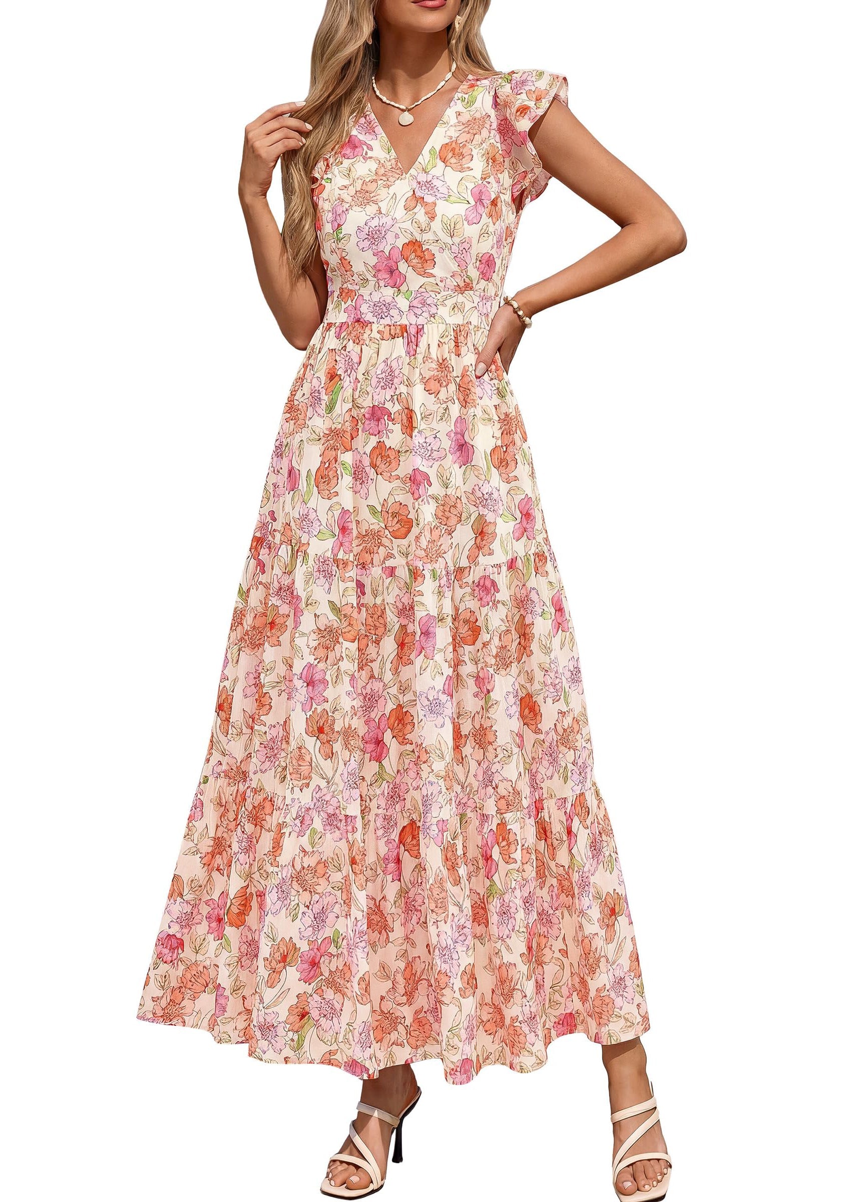 beige frill sleeve women summer maxi dress Elenzga Apricot Elegant Maxi Dress Wedding Guest Women Summer Party Formal Gowns Round Neck Batwing Sleeve High Waist Ruffle Pleated A-Line,S