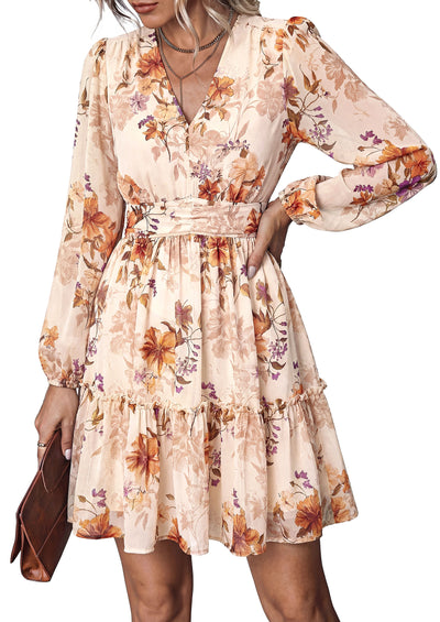 PRETTYGARDEN Women Floral Long Sleeve Mini Dress | Fall Wedding Guest Dresses, V Neck, Fit & Flare, Ruffle Hem A-Line, Short Chiffon Dress, Elegant Holiday Party, Date Outfits