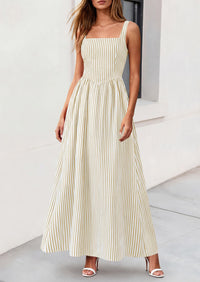 PRETTYGARDEN Women's Maxi Striped Dress Summer Sleeveless Square Neck Smocked A Line Long Flowy Spring Vacation Sundress PRETTYGARDEN