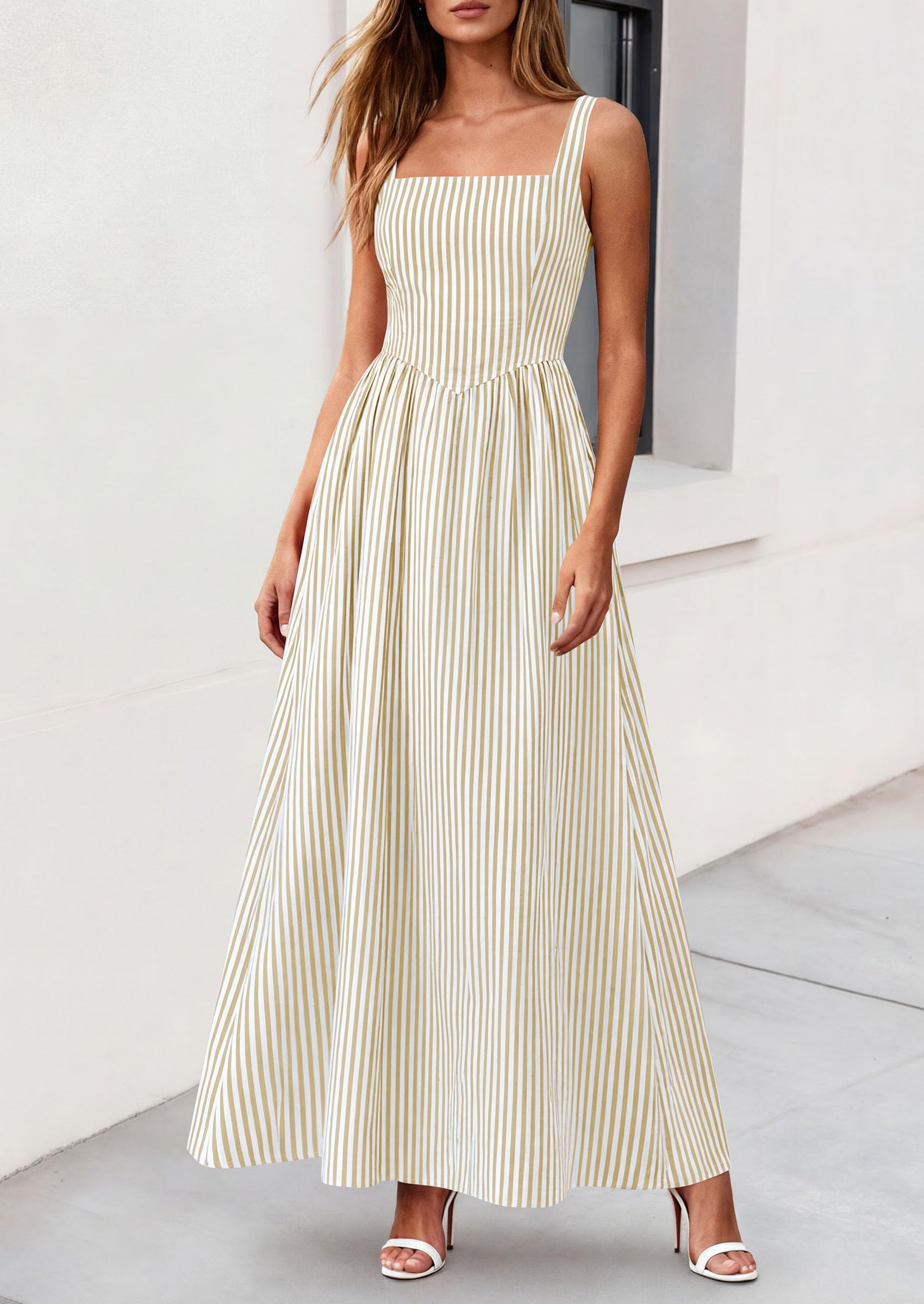 PRETTYGARDEN Women's Maxi Striped Dress Summer Sleeveless Square Neck Smocked A Line Long Flowy Spring Vacation Sundress PRETTYGARDEN