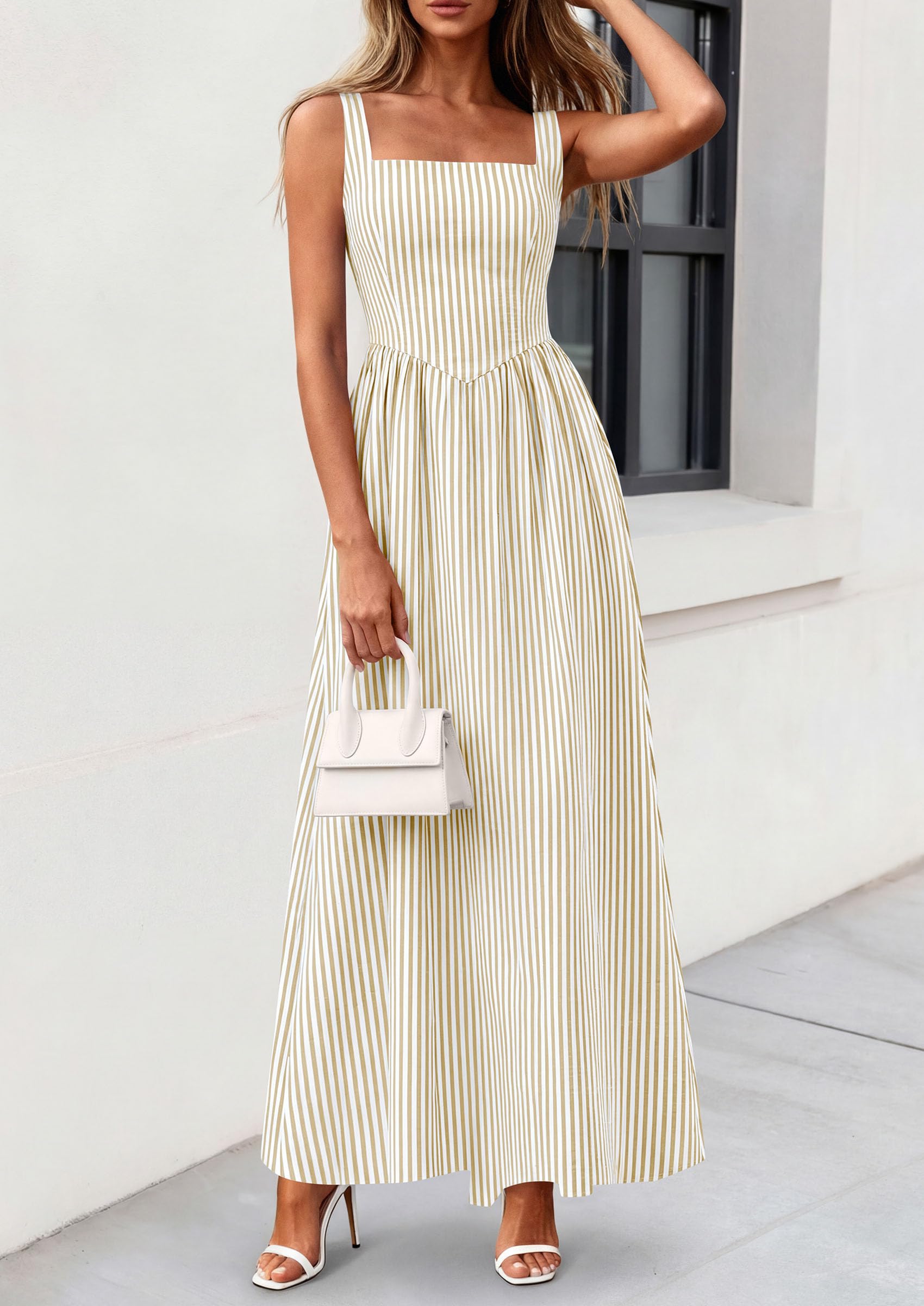 PRETTYGARDEN Women's Maxi Striped Dress Summer Sleeveless Square Neck Smocked A Line Long Flowy Spring Vacation Sundress PRETTYGARDEN