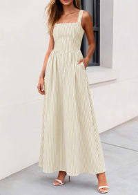 PRETTYGARDEN Women's Maxi Striped Dress Summer Sleeveless Square Neck Smocked A Line Long Flowy Spring Vacation Sundress PRETTYGARDEN